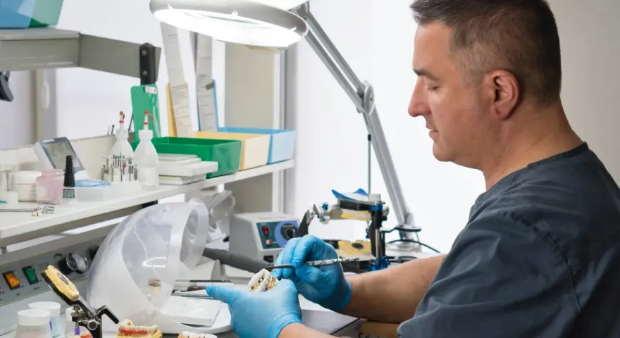 Technik dentystyczny w rękawiczkach pracuje nad modelem zębów przy użyciu pędzelka.