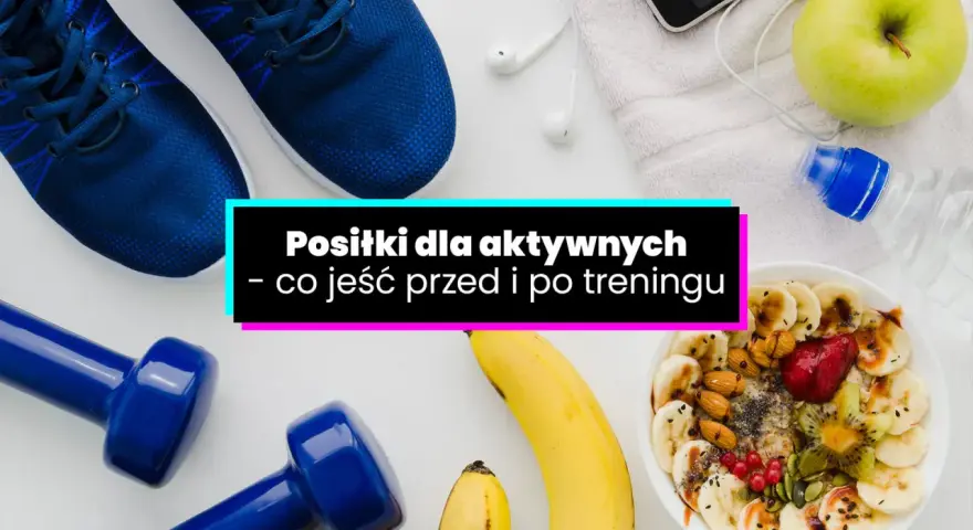 Aktywni w upały? Zobacz, co jeść przed i po treningu: buty, hantle, jabłko, wodę i owsiankę z owocami.
