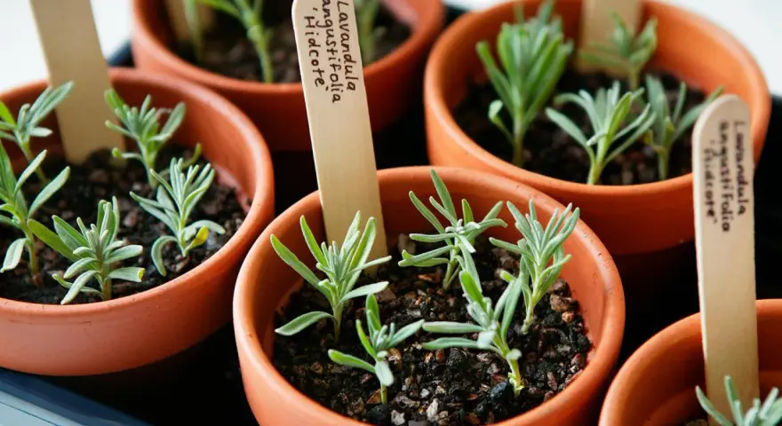 Kleine Lavendel-Setzlinge in Terrakotta-Töpfen, bereit zum Auspflanzen. Die Etiketten zeigen "Lavandula angustifolia 'Hidcote'", was auf das erfolgreiche Lavendel vermehren hindeutet.