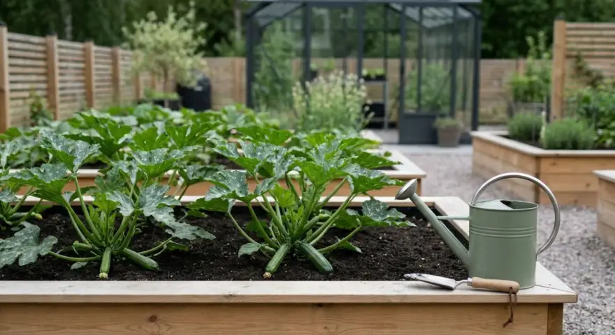 En frodig zucchini planta i en upphöjd bädd, redo för skörd. En grön vattenkanna och spade står redo.