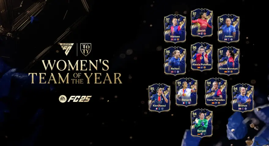 Karty najlepszych piłkarek w EA FC 25: Hansen, Smith, James, Reiten, Putellas, Bonmatí, Karchaoui, Renard, Paredes, Bronze i Berger.