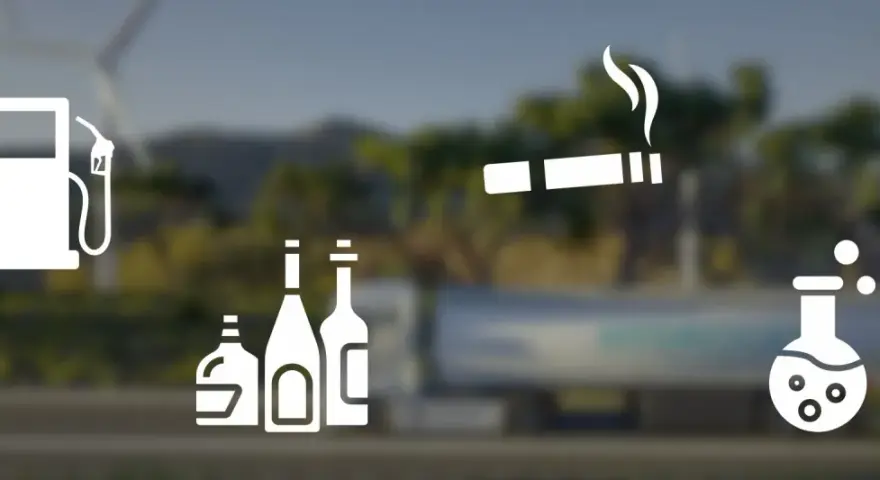 Stacja paliw, butelki alkoholu, papieros i probówka. Co to jest? To symbole różnych substancji, które mogą wpływać na nasze zdrowie i środowisko.