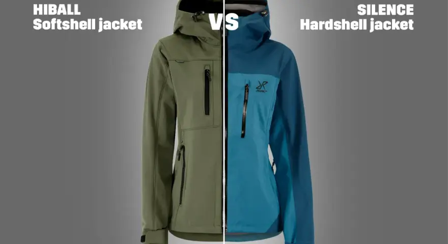 Confronto tra giacca softshell e hardshell. La giacca softshell, con il suo significato di flessibilità e comfort, è presentata in verde.