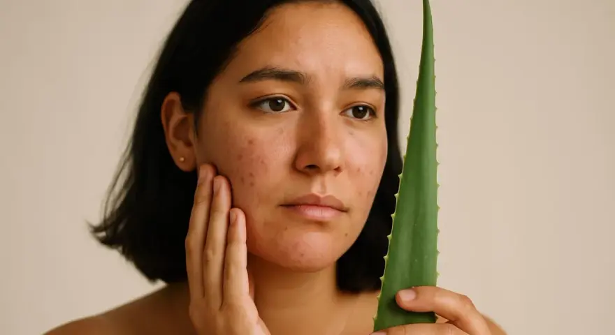 Donna con brufoli da stress sul viso, che tiene una foglia di aloe vera.