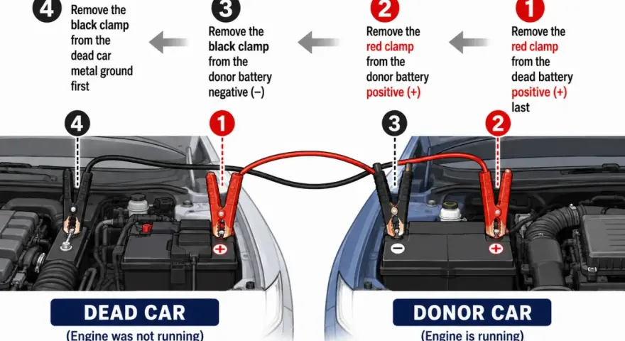 Diagram shows disconnecting jumper cables in reverse order: remove black clamp from dead car ground first, then black from donor, red from donor, and finally red from dead car.