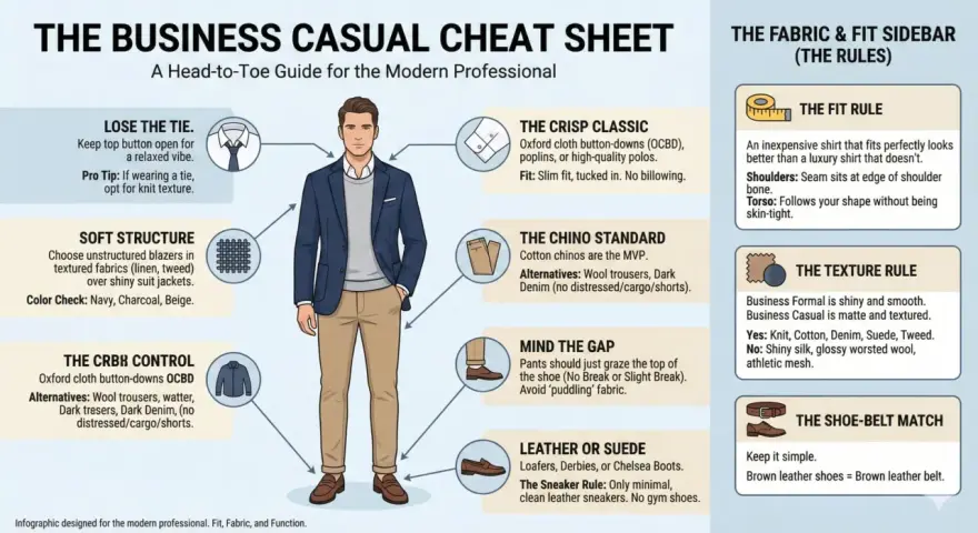 Guida al look business casual: blazer destrutturato, camicia Oxford, chino e scarpe in pelle marrone.