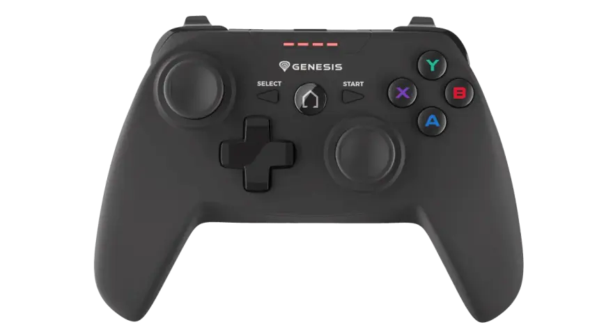 Czarny gamepad Genesis PV58 z podświetlanymi przyciskami i diodami LED.