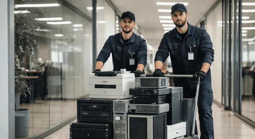 Dwóch pracowników w uniformach transportuje wózek z komputerami i drukarką. To profesjonalna utylizacja sprzętu elektronicznego w firmie.
