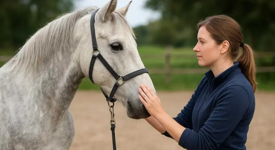 Une femme caresse un poney Connemara gris clair, un lien de confiance se crée entre eux.