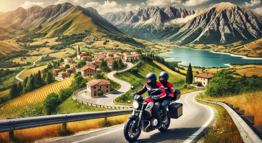 Coppia in moto esplora pittoreschi borghi italiani, serpeggiando tra montagne maestose e un lago cristallino.