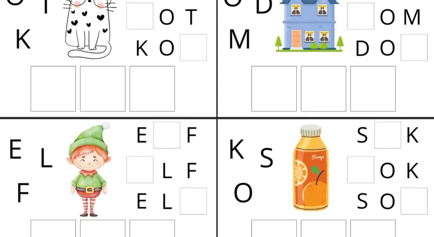Rozsypanka wyrazowa klasa 1: kot, dom, elf, sok. Uzupełnij litery, by utworzyć słowa.