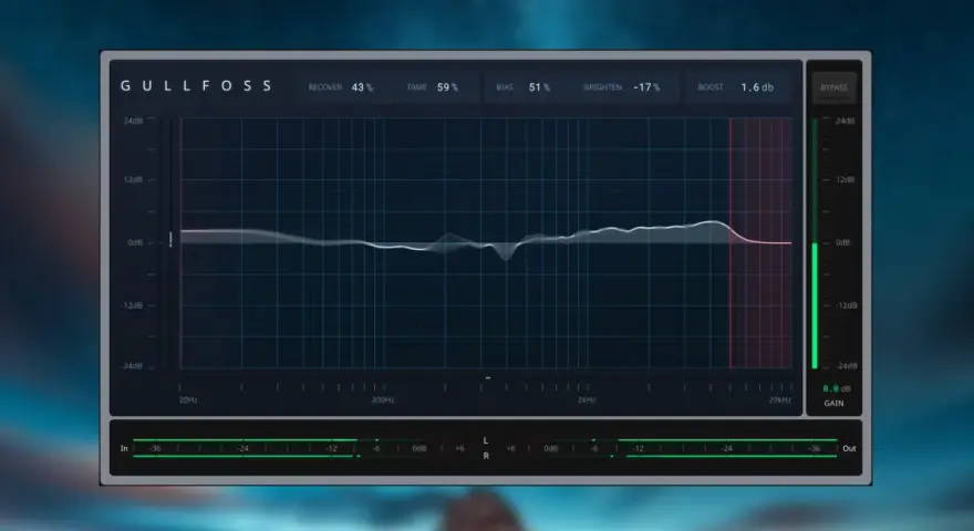 Gullfoss VST: wykres korektora audio z ustawieniami Recover, Tame, Bias i Brighten.