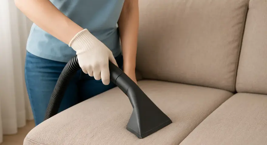 Osoba w rękawiczce odkurza kanapę z plusz materiału.
