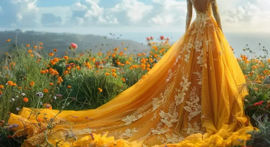 Une mariée porte une robe jaune éclatante dans un champ de fleurs sauvages. La robe de mariée jaune, symbole de joie et de bonheur, contraste avec le paysage verdoyant.