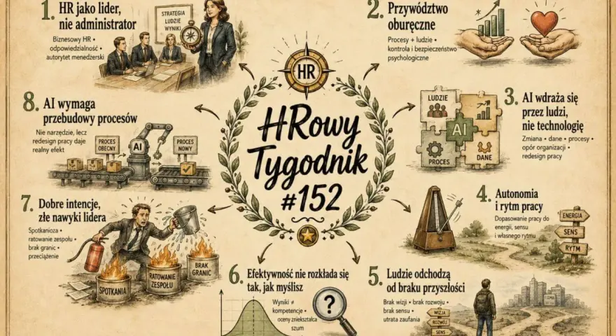 HR-owy Tygodnik #152: HR jako lider, przywództwo oburęczne, AI wdraża się przez ludzi, autonomia i rytm pracy, ludzie odchodzą od braku przyszłości, efektywność, dobre intencje, AI wymaga przebudowy procesów. Dziś warto o tym pomyśleć.
