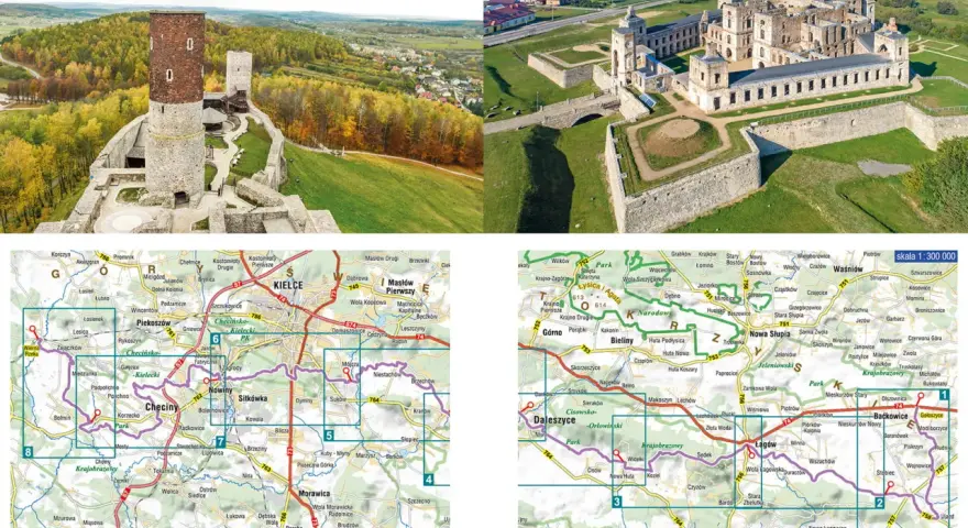 Mapa z zaznaczonymi zabytkami i szlakami, w tym główny szlak świętokrzyski, prowadzącym przez malownicze tereny z zamkami i krajobrazami.