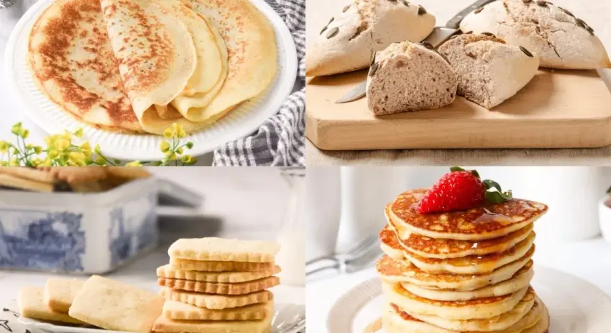 Collage de postres sin gluten: crepes, panecillos, galletas y tortitas con fresa.