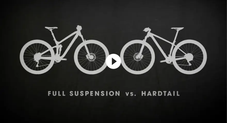 Silhouettes of a full suspension bike and a hardtail bike side-by-side, illustrating the difference between hard tail vs soft tail mountain bikes.
