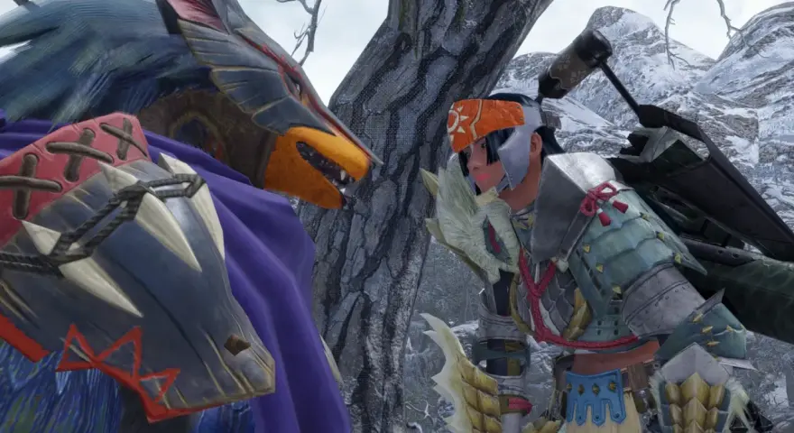 Un cazador de Monster Hunter Online se enfrenta a una criatura con armadura y capa morada en un paisaje nevado.