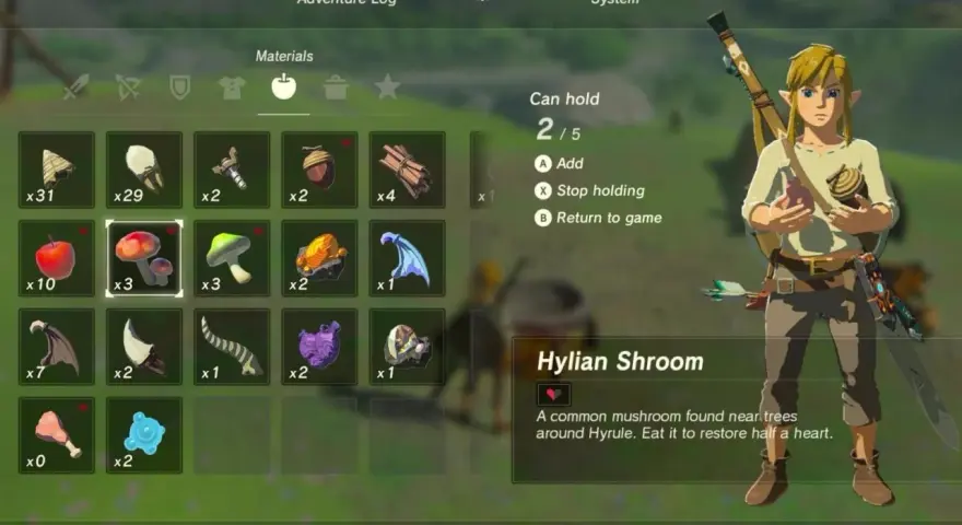 Link revisa su inventario en busca de ingredientes para recetas de Zelda: Breath of the Wild, destacando champiñones Hylian.