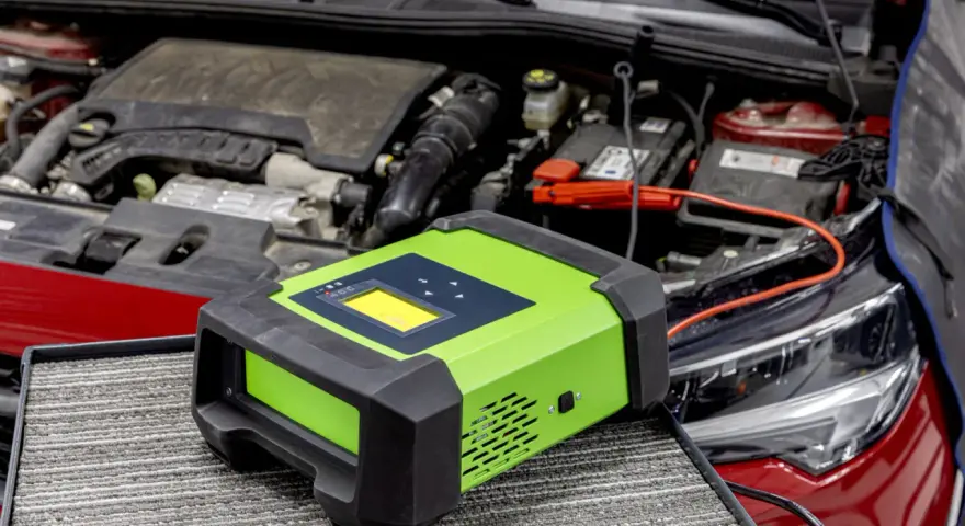Carrozzeria rossa con cofano aperto, motore e batteria. Un caricabatterie verde è collegato alla batteria, suggerendo una batteria della macchina scarica.