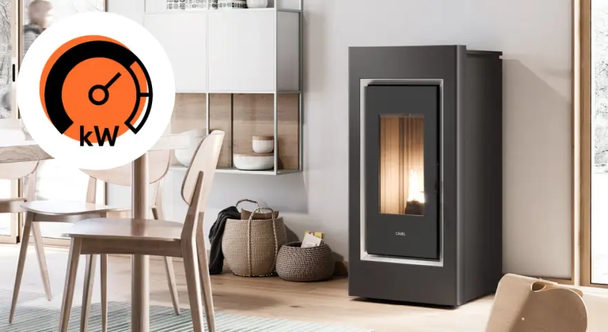 Stufa a pellet moderna con indicatore kW. La scelta del miglior legno per pellet garantisce efficienza e calore.