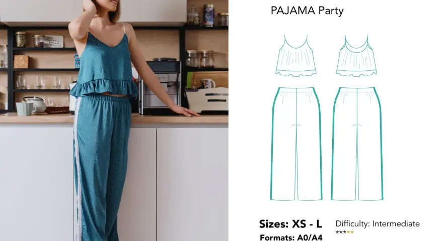 Patron gratuit combinaison pyjama pour une soirée détente. Le modèle comprend un haut à fines bretelles et un pantalon ample.