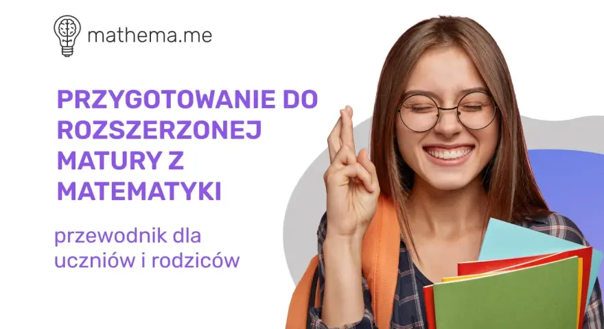 Uśmiechnięta dziewczyna z założonymi palcami, trzymająca książki, na tle tekstu o maturze z matematyki.