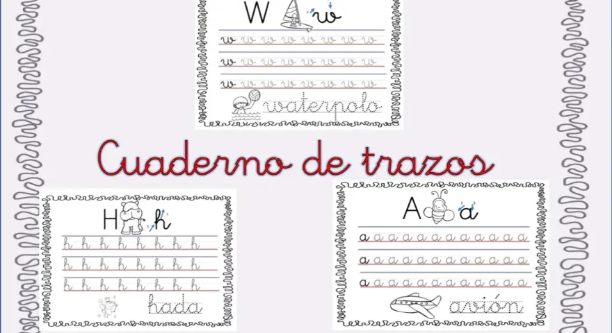 Cuaderno de trazos con grafismo infantil. Practica las letras W, H y A con dibujos de waterpolo, hipopótamo y abeja.