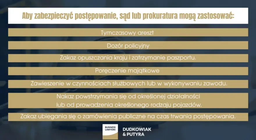 Środek do zabezpieczenia postępowania: tymczasowy areszt, dozór policyjny, poręczenie majątkowe i inne środki.