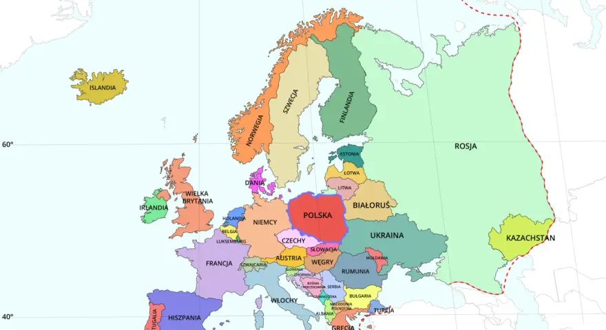 Mapa Europy. Polska w centrum, otoczona przez Niemcy, Czechy, Słowację, Ukrainę, Białoruś i Litwę. Belgia leży na zachód od Niemiec, blisko Francji i Holandii.
