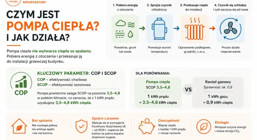 Pompy ciepła pobierają energię z otoczenia, by ogrzać dom. Efektywność COP i SCOP to kluczowe parametry.