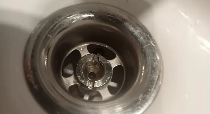Metalowe sitko w zlewie, gotowe do odkręcenia. Widoczny gwint i otwory.