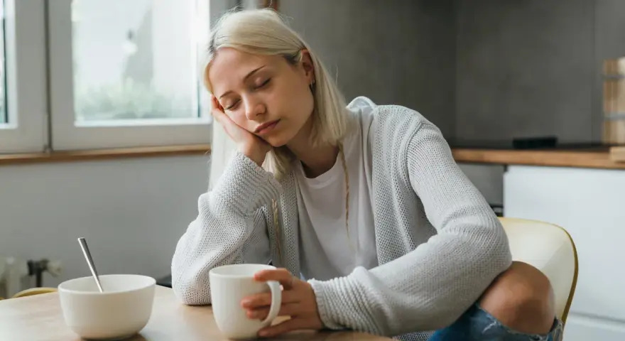 Zmęczona kobieta z blond włosami opiera głowę na dłoni, trzymając kubek. Może to być jeden z objawów keto grypy.