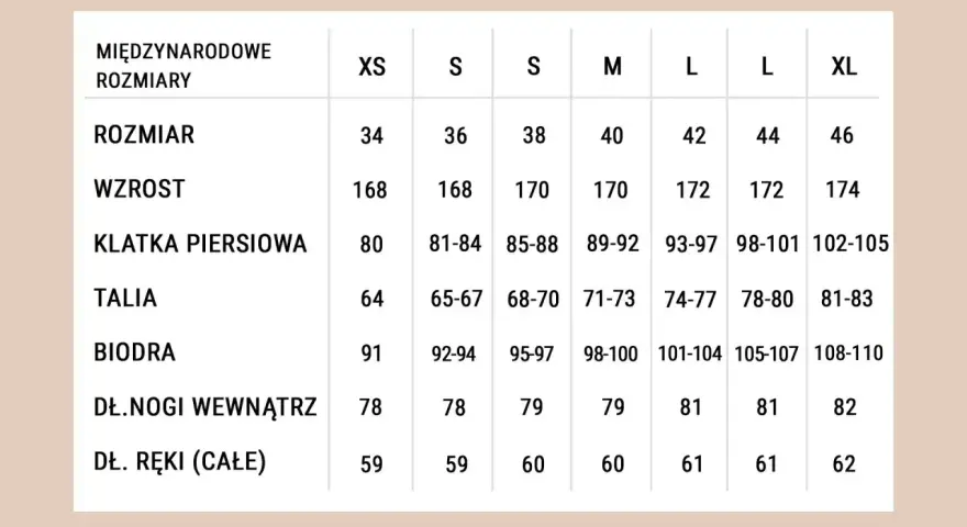 Tabela rozmiarów od XS do XL. Rozmiar 44/46 jaki to rozmiar? To L/XL, odpowiednie dla wzrostu 172 cm i obwodu bioder 105-107 cm.