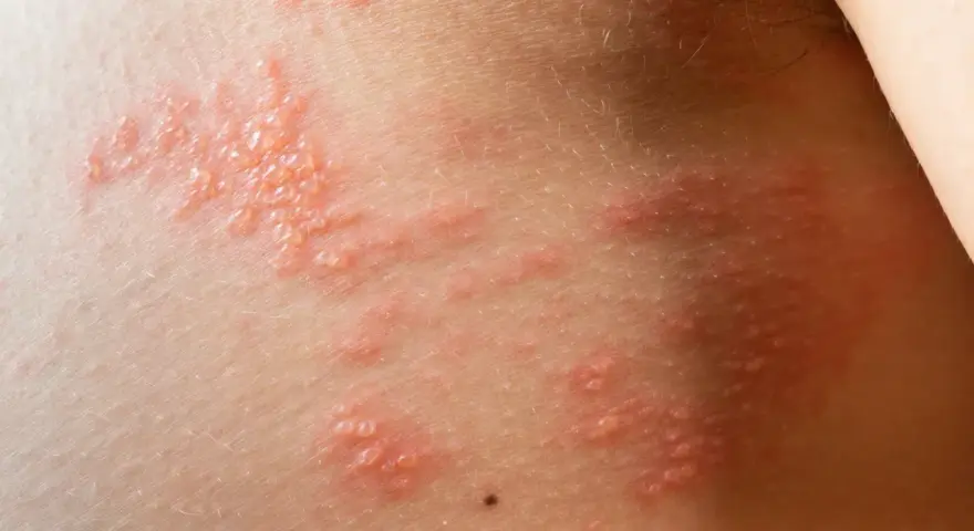 Eruzione cutanea con vescicole rosse e pruriginose, sintomo di un'allergia da istamina.