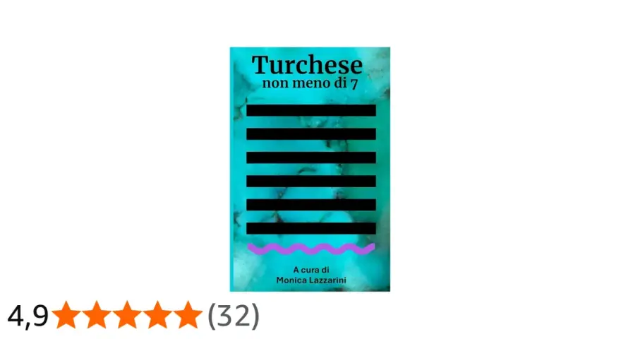 Copertina libro "Turchese non meno di 7", con sfondo turchese e righe nere. Valutazione 4,9 stelle.