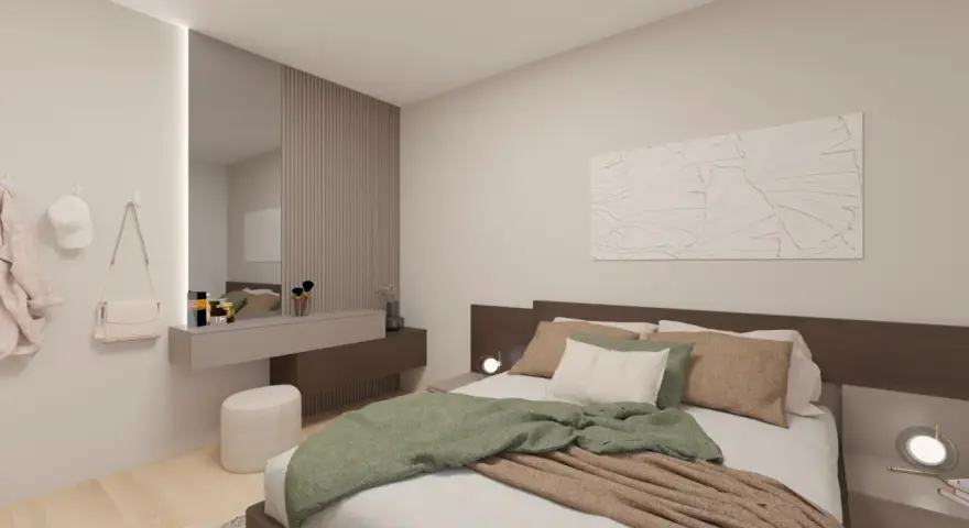 Camera da letto con idee originali: letto accogliente, specchio a parete, toeletta con cosmetici e appendiabiti.