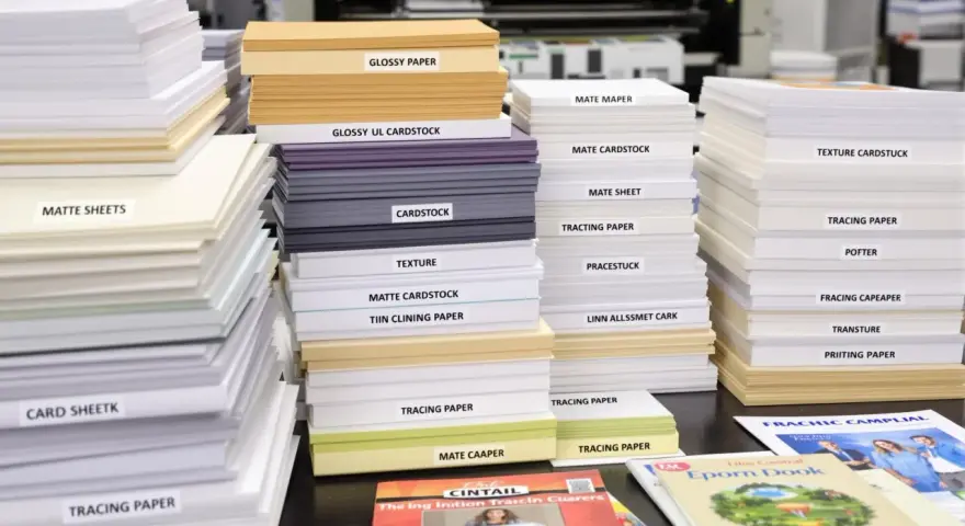 Stosy papieru satynowego i matowego, od błyszczących kartek po papier ścierny, gotowe do druku.