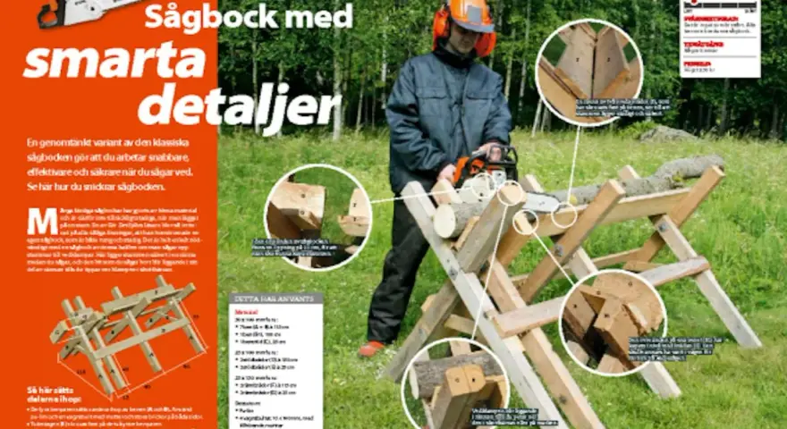 Man bygga sågbock med smarta detaljer för snabbare och säkrare vedhantering. Bilden visar en person som använder en motorsåg på en sådan.