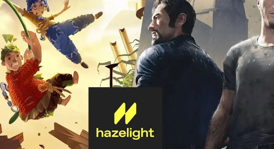Dos personajes animados y dos hombres realistas, buscando a way out 2. Logo de Hazelight.