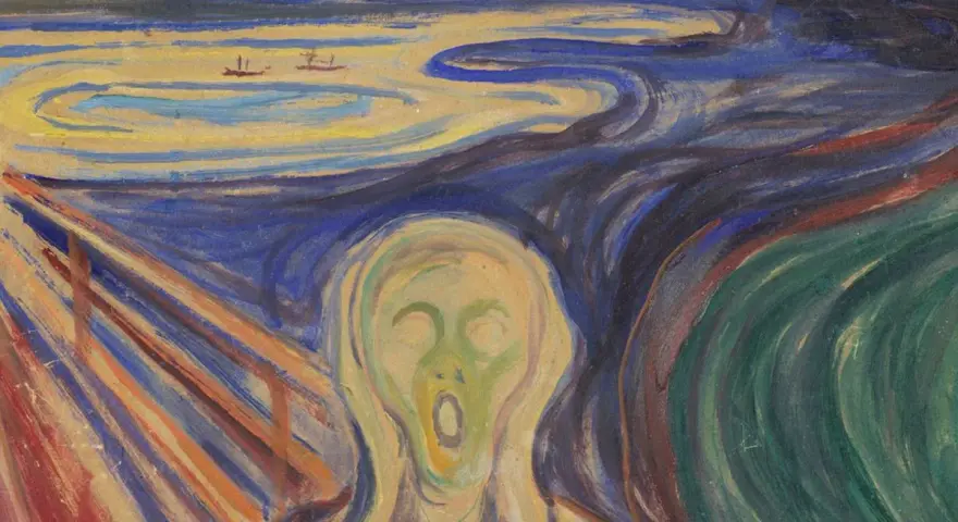 Le Cri d'Edvard Munch : une figure déformée hurle sur un paysage tourbillonnant, le ciel embrasé par un soleil rougeoyant.