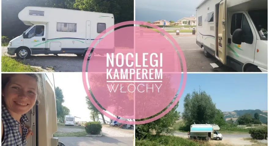 Uśmiechnięta kobieta wychyla się z kampera. Widok na różne miejsca postojowe dla kamperów we Włoszech.