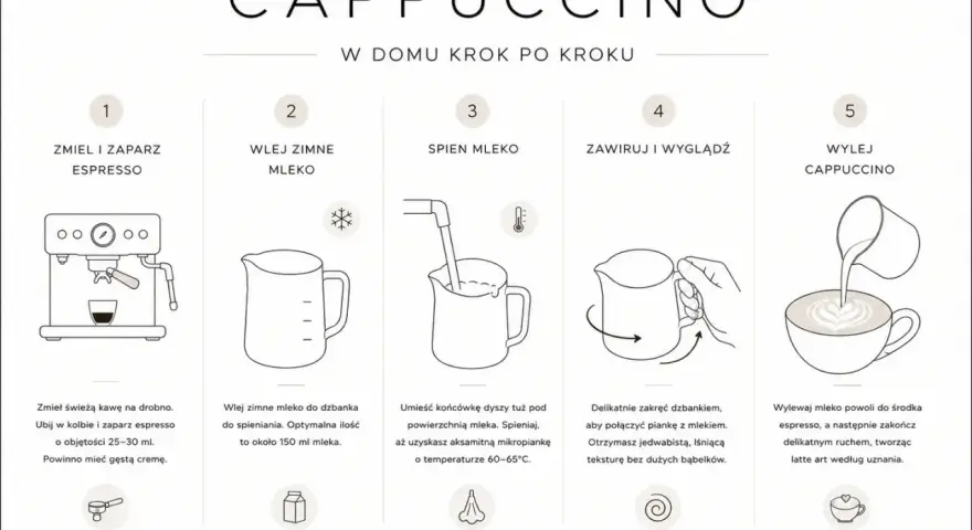 Jak zrobić cappuccino krok po kroku: zmiel kawę, spień mleko, połącz je z espresso, a na koniec stwórz latte art.