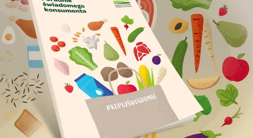 Poradnik świadomego konsumenta z grafiką produktów spożywczych, w tym marchewki, jabłka i brokułów. Na okładce widnieje hasztag #KupujŚwiadomie.