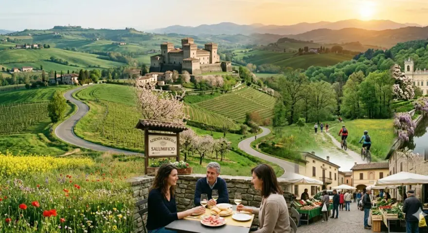 Scenic Italian countryside with a castle, vineyards, and people enjoying food and cycling, perfect for day trips from Parma, Italy.