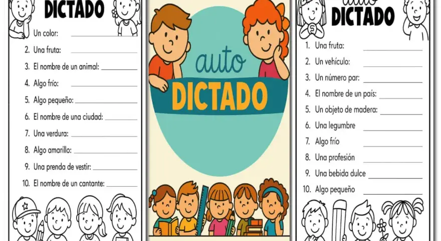 Hojas de trabajo para la "expresión escrita 4 primaria" con dibujos de niños y listas para completar.