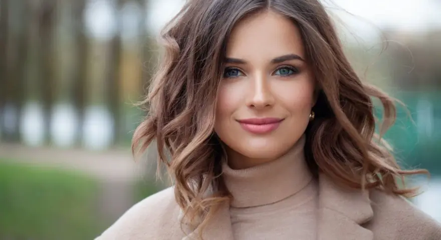 Kobieta z falowanymi włosami w stylu long bob, w beżowym płaszczu i golfie, uśmiecha się delikatnie.