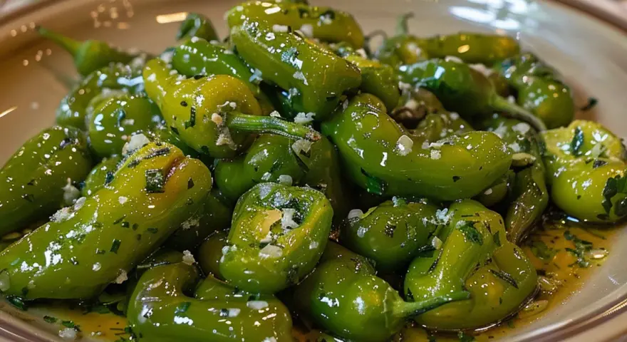 Pimientos verdes fritos con ajo y perejil, listos para disfrutar. Una delicia fácil de preparar.