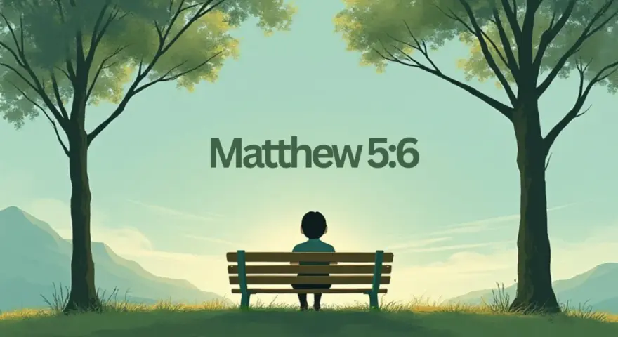 A lone figure sits on a bench under two trees, gazing at mountains. Text reads "Matthew 5:6," reminding us, "Blessed are those who hunger and thirst for righteousness.
